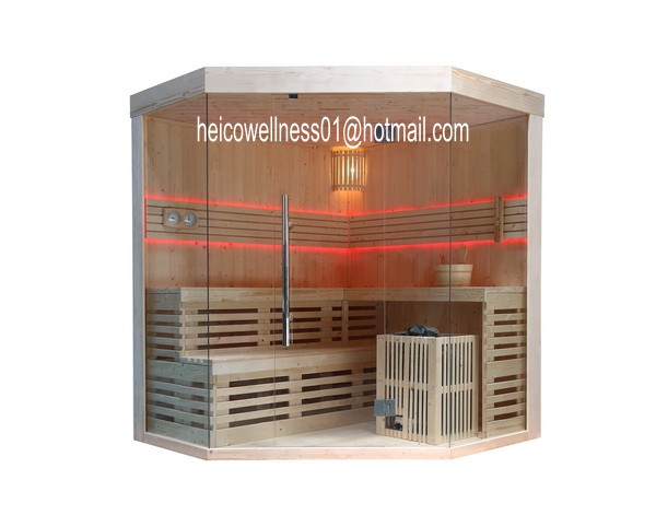 Model: TS4013LModel: TS4013L (1) Complete Sauna room for 4 persons (2) Material: Finland Pine (3) Internal Sauna heater: 9KW (4) Backrest: LED strip light in 15 colors (5) Door Handles: oroutside is stainless steel and inside is wooder (6) 8mm tempered glass (7) Bucket, Spoon, Hourglass, Thermometer, Hygrometer