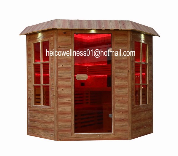 (1) Complete Sauna room for 4 persons (2) Material: Finland Pine (3) Sauna heater: 9KW,heater cabinet in Red marble and marble ring for decoration (4) Digital control panel (5) Red marble stone for wall decoration (6) Roof: with theater ceiling, starlight in 7 colors and LED strip light in 15 colors (7) Backrest:LED stip light in 15 colors (8) Radio|CD|MP3 Player with integrated speakers (9) 8mm tempered glass (10) Bucket,Spoon,Hourglass, Thermometre,Hygrometer (11) Two mirrors of the wall